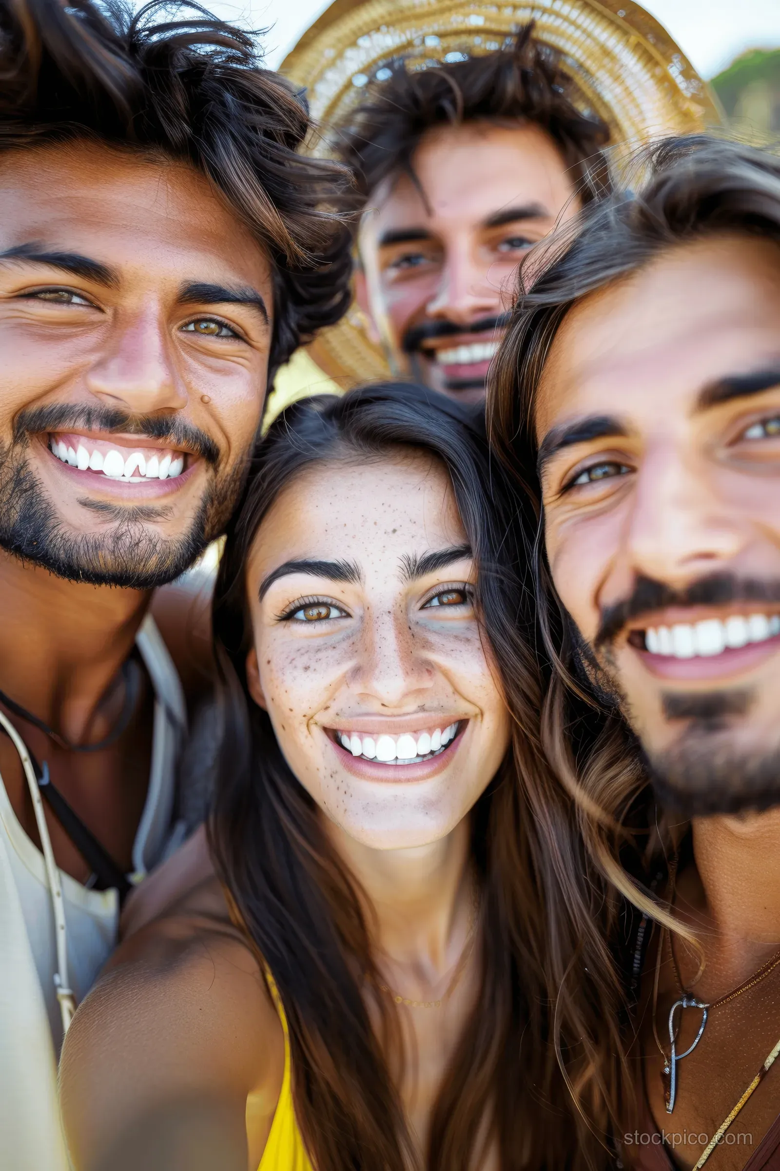 Five diverse friends smile together for a close-up selfie outdoors in a sunny park, holding smartphones.