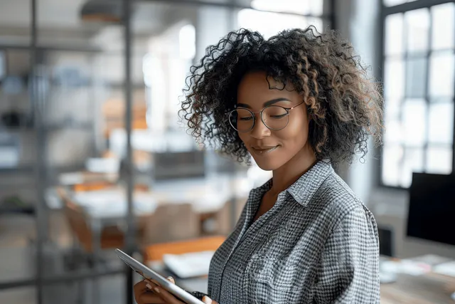 Smiling Black businesswoman uses a tablet at a desk in a modern office with sunlight through large windows.