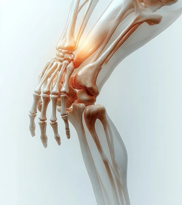 3D model of a forearm and hand skeleton with translucent tissue and a glowing wrist joint area.