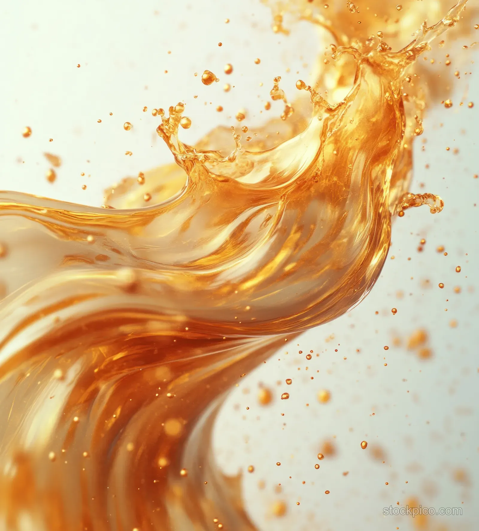 Golden translucent oil stream and splashed droplets spread across a white background.
