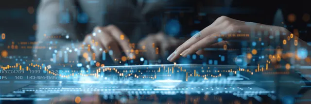 Hands operate a laptop showing a glowing business dashboard with charts, market data, and KPI indicators.
