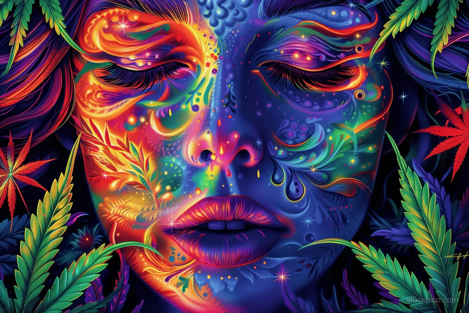 Psychedelic shaman portrait with dragon-eyed face framed by cannabis leaves and colorful cosmic patterns.