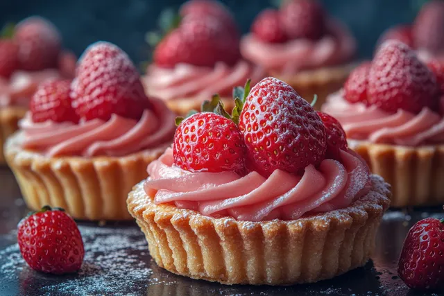 Strawberry cream tarts arranged on dark tray with powdered sugar