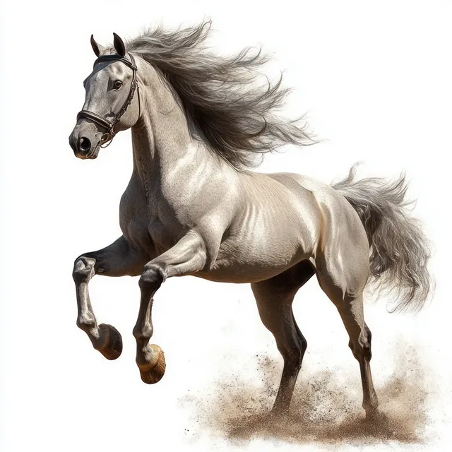 A white horse rears up with flowing mane and tail on a white background.