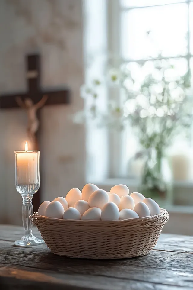 A wicker basket of white eggs sits on a wooden table next to a lit glass candle, with a blurred crucifix and flowers behind.