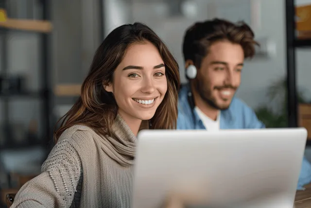 Smiling businesswoman typing on a laptop while a coworker works behind her in an office meeting room.