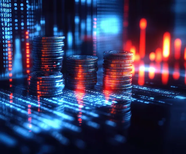 Cyberpunk finance: stacked coins on glowing data grid with neon chart overlays