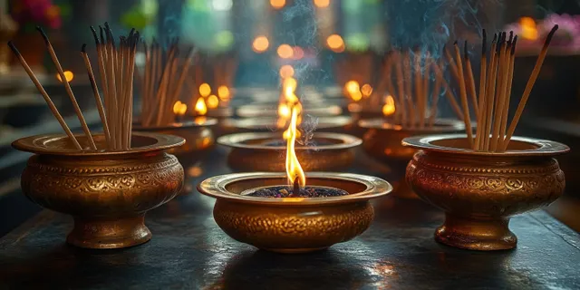Golden incense burners with burning sticks and flame, smoke rising on a dark ritual table