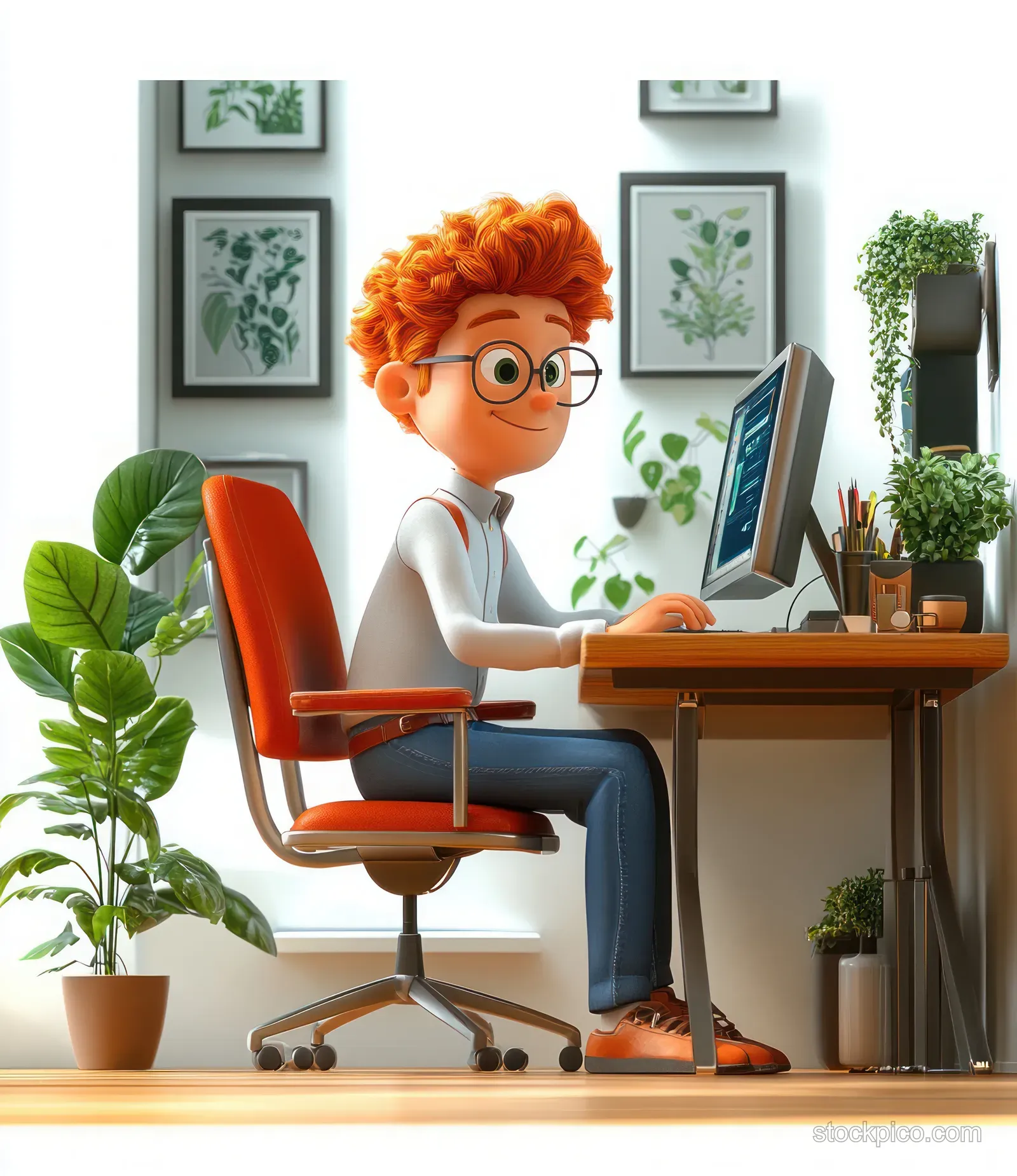 Young person with curly red hair and glasses typing on a computer at a tidy desk surrounded by potted plants.