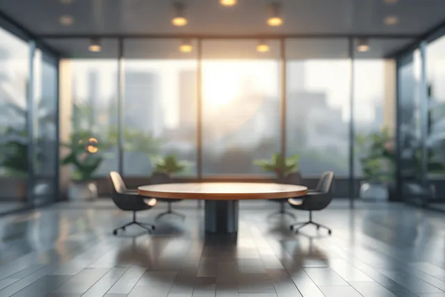 Round meeting table and chairs in a bright modern office with panoramic windows and a softly blurred view outside.