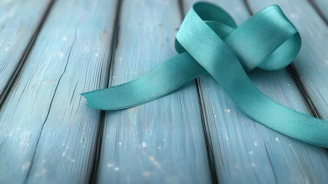 Teal satin ribbon coil on weathered blue wood planks with worn paint texture