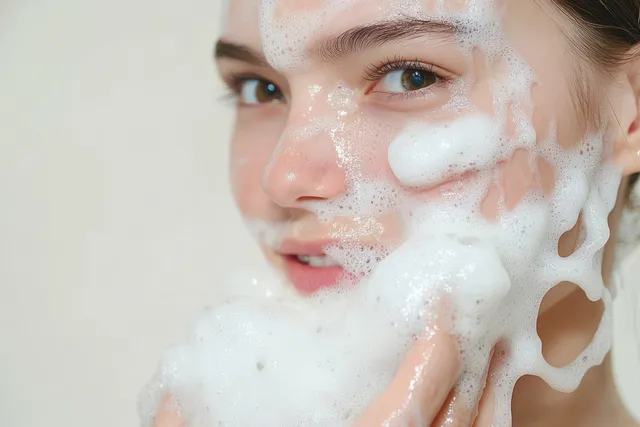 A person gently washes their face with thick white foam and smiles with bright eyes.