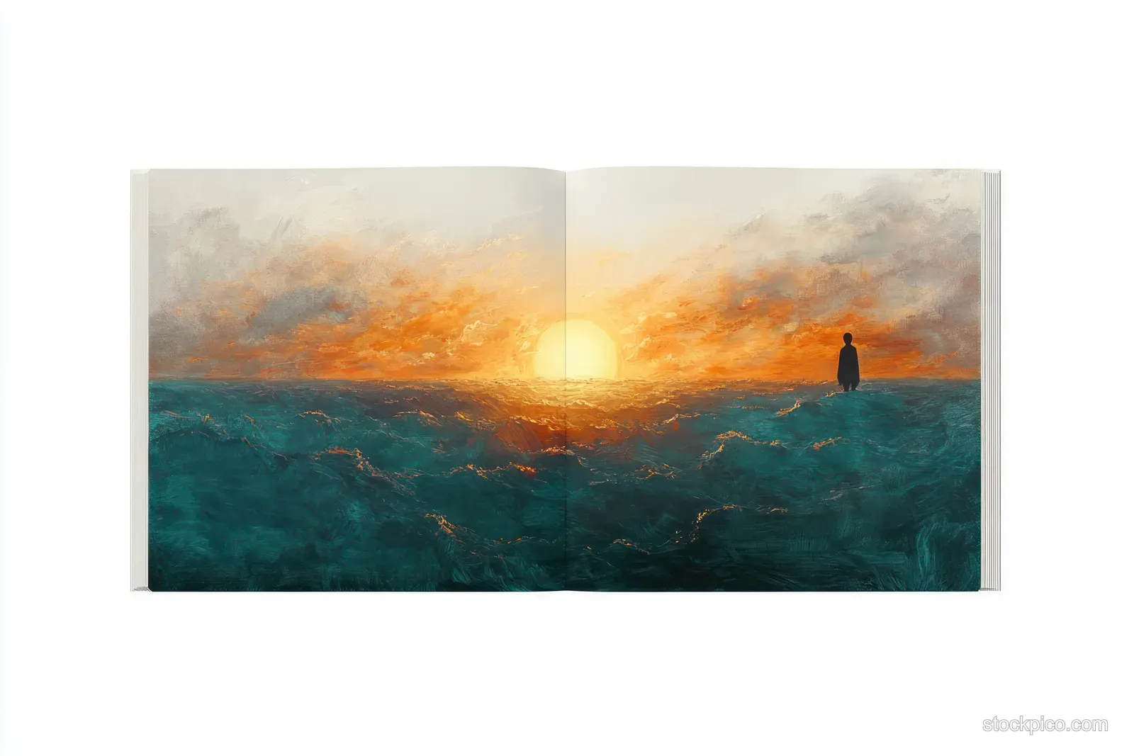 An open book shows a painted stormy ocean at sunset with a lone silhouetted figure on the water.