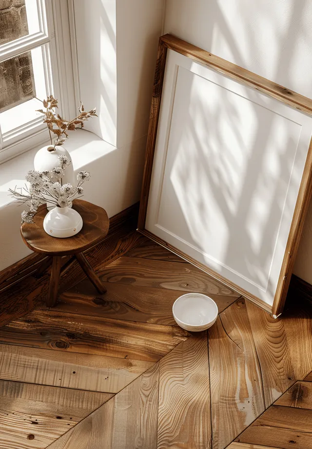Blank wooden picture frame leaning on a wooden floor beside a small vase in a minimalist room.