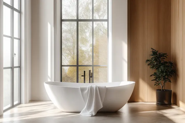 White minimalist bathtub centered in a bright bathroom with panoramic window light and warm wood panel accents.