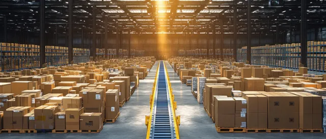 Large warehouse aisle with pallets of cardboard boxes alongside a central conveyor belt under bright ceiling lights.