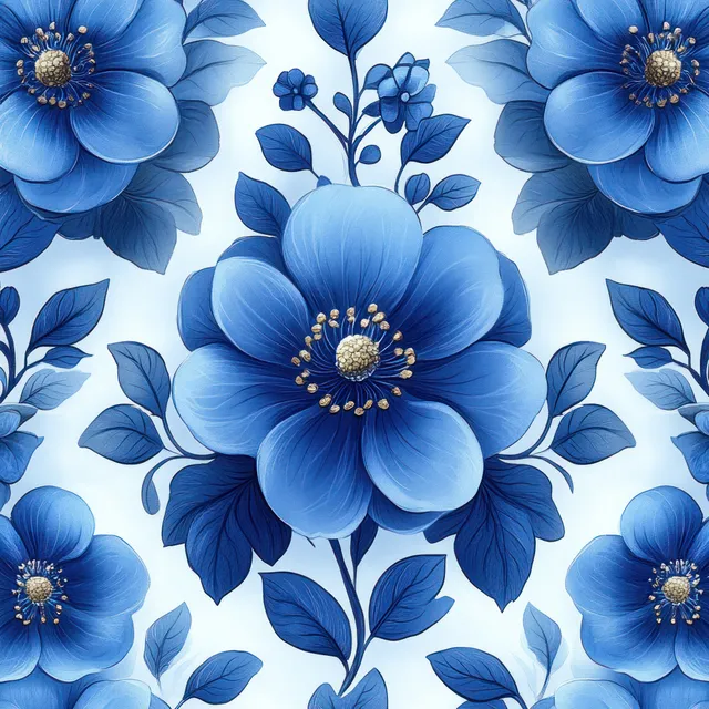 Seamless blue floral wallpaper pattern with handpainted blossoms and leaves repeating across a light background.