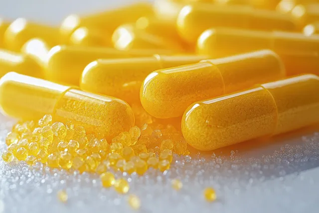 Yellow vitamin capsules on a white surface with small scattered powder grains.