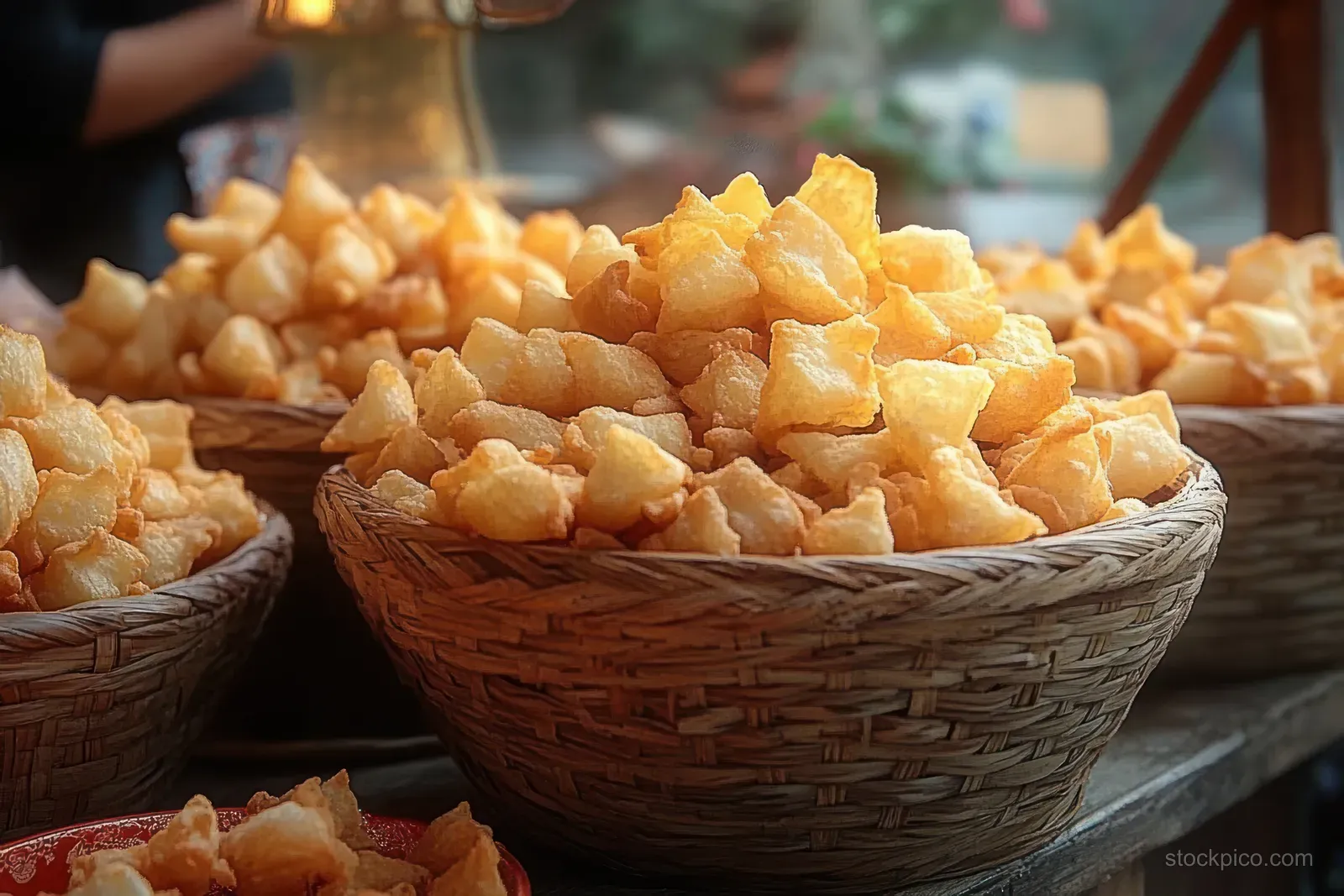 Golden crispy fried tofu snacks fill woven baskets on a market table with blurred stalls in the background.