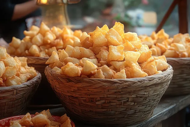 Crispy fried tofu snacks piled in woven baskets on a market table with Shallow Depth Of Field