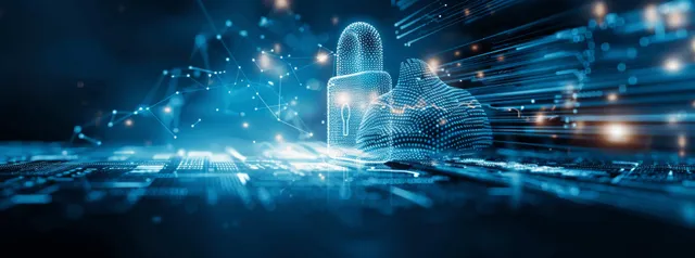A glowing blue fingerprint and padlock float above a digital network with data lines and security signals.