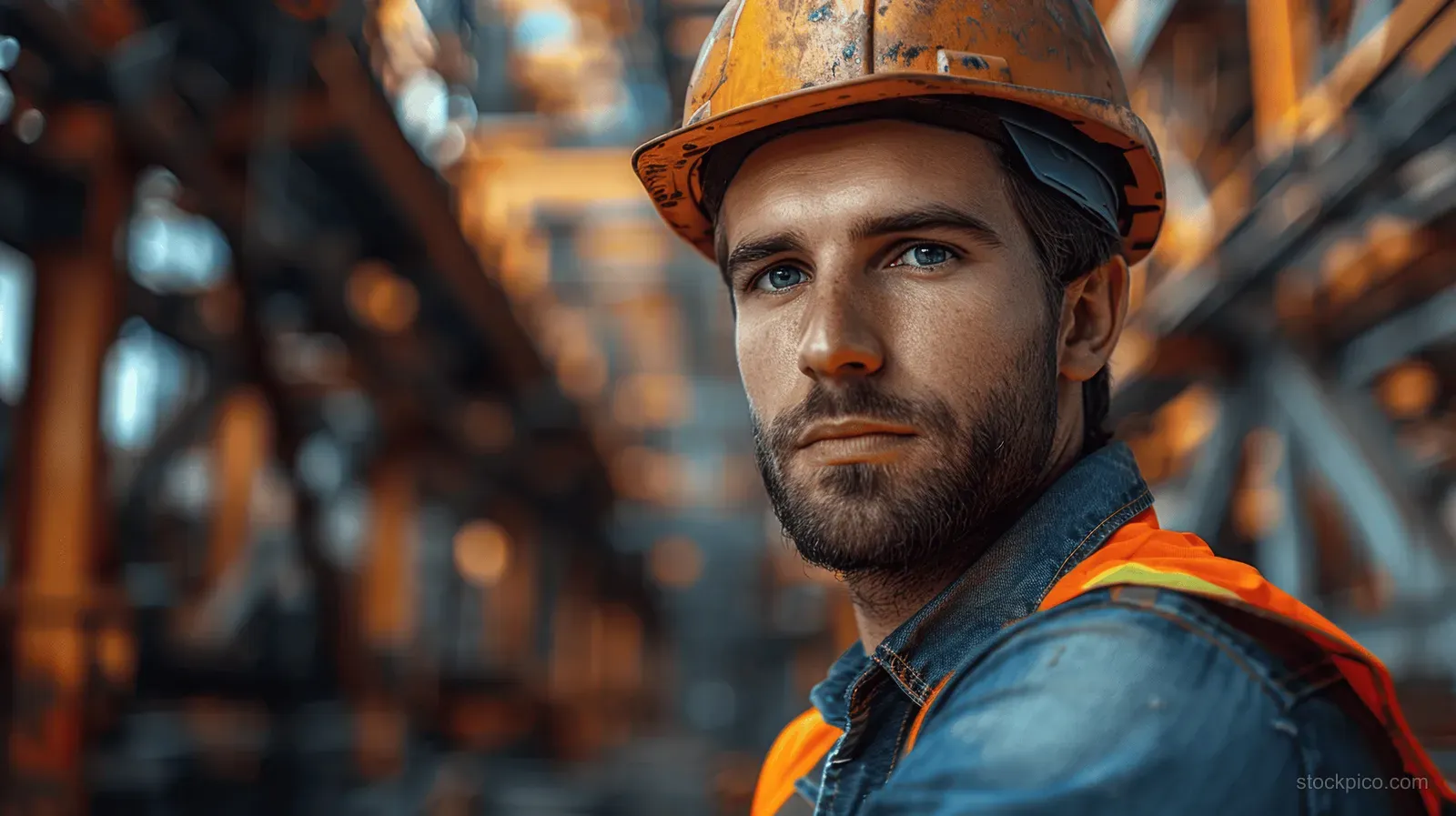 Construction worker in hard hat and high-visibility vest standing at an urban building site with blurred steel beams behind.