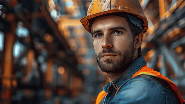 Confident construction worker in hard hat and high-visibility vest at urban site