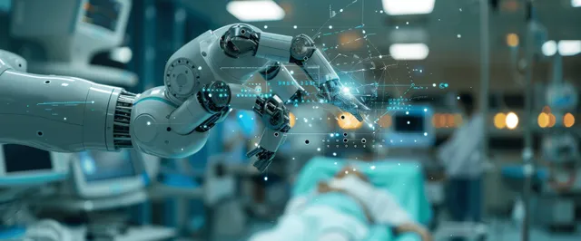 Futuristic robotic surgical arm holds a precision tool in a hospital operating room with holographic data overlays.