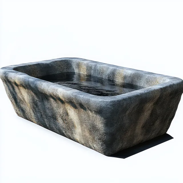 Rectangular grey stone basin filled with water and rough weathered edges, isolated on white.