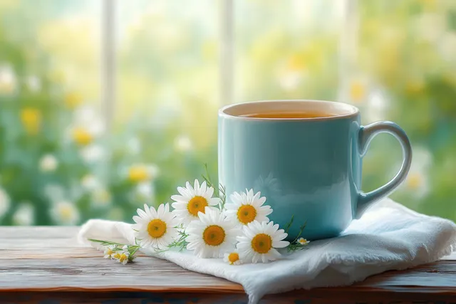 Blue ceramic tea cup on a white cloth with small daisy flowers next to it on a rustic wooden table.