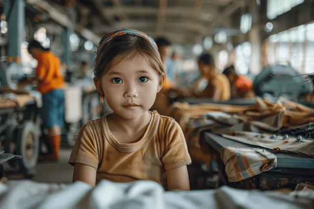 Small Asian girl sitting in a garment factory foreground as sewing workers blur in the background.