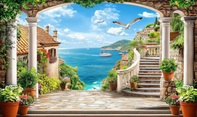 Stone staircase balconies with potted plants open onto a turquoise sea where seagulls fly.