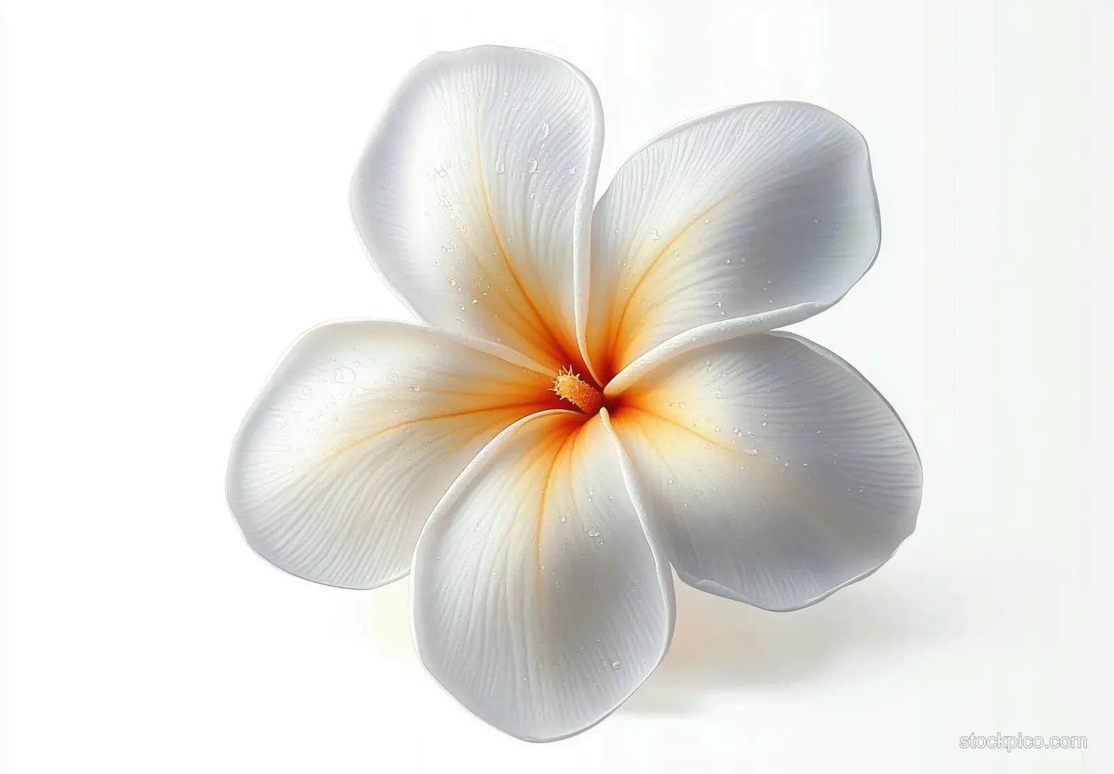 Plumeria blossom with pale yellow center and subtle water droplets on white petals against a light background.