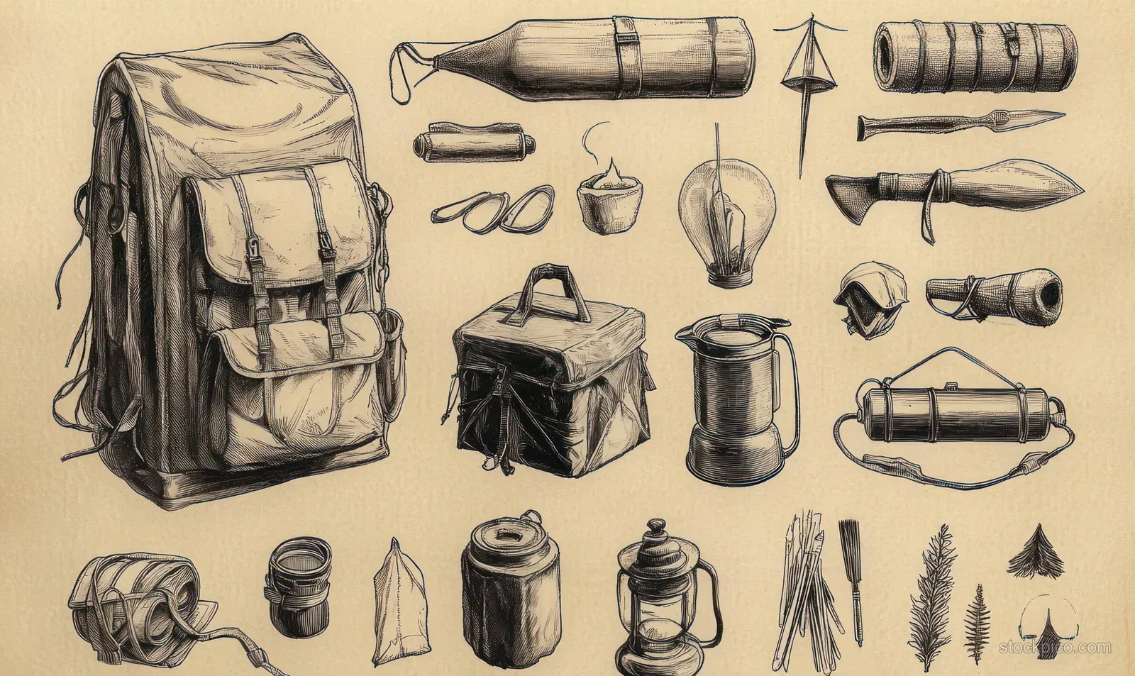 Vintage illustrated camping gear collection with a backpack, lanterns, axes, ropes, thermos, and binoculars on parchment.