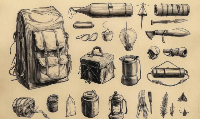 Vintage illustrated camping gear collection with a backpack, lanterns, axes, ropes, thermos, and binoculars on parchment.