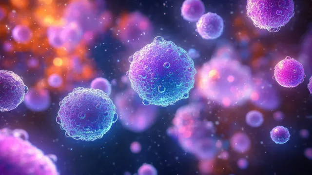 Glowing virus particles float against a dark background, implying infection transmission and biomedical research.