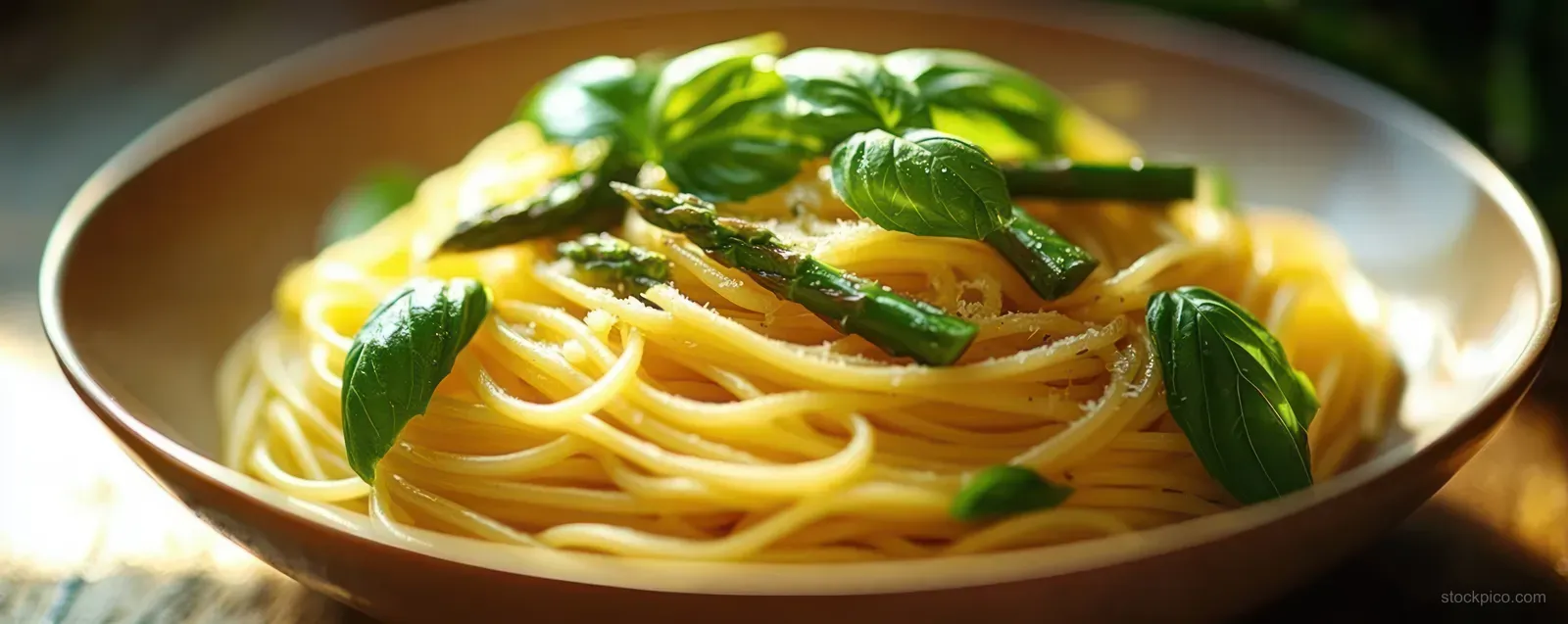 A bowl of spaghetti topped with basil leaves and asparagus pieces in warm light.