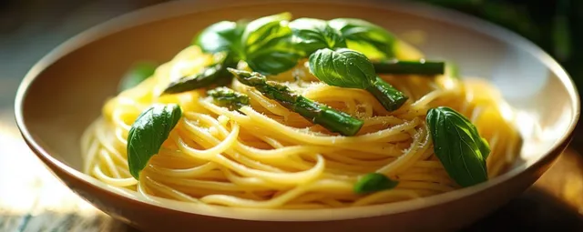 A bowl of spaghetti topped with basil leaves and asparagus pieces in warm light.