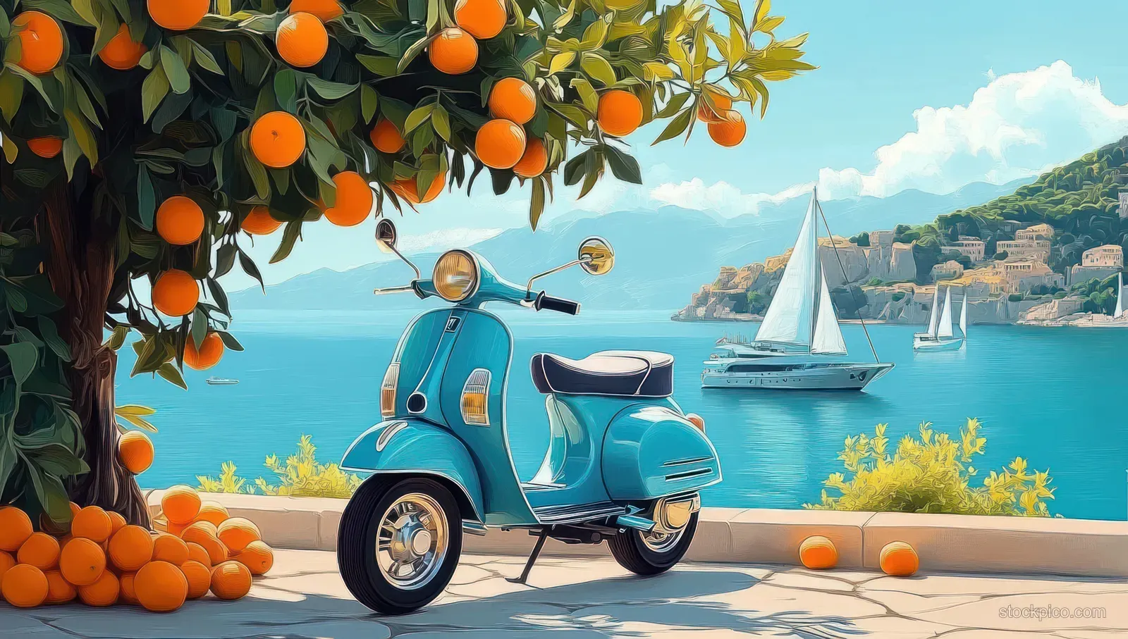 A vintage blue scooter parked by the seaside under orange tree branches with sailboats on calm water.