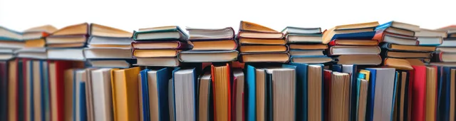 Colorful stacks of books sit on shelves with a few open volumes on top among the spines.