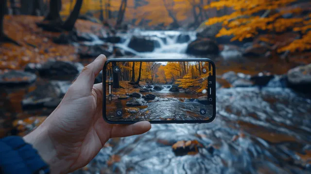 A hand holds a smartphone showing a waterfall scene on its screen in an autumn forest.