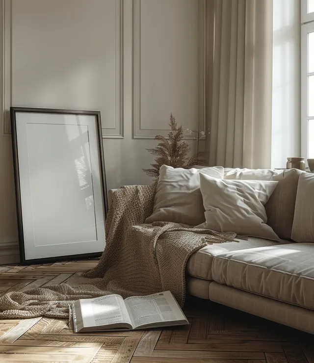 A cozy living room with an A4 frame mockup, sofa, open book, and daylight coming through tall windows.