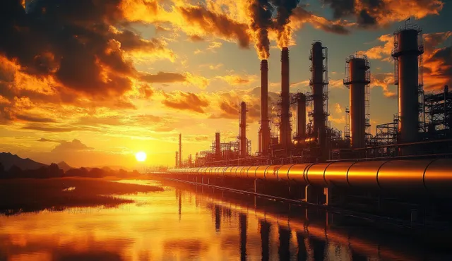 Sunset industrial refinery with pipelines and towering chimneys reflecting on calm water