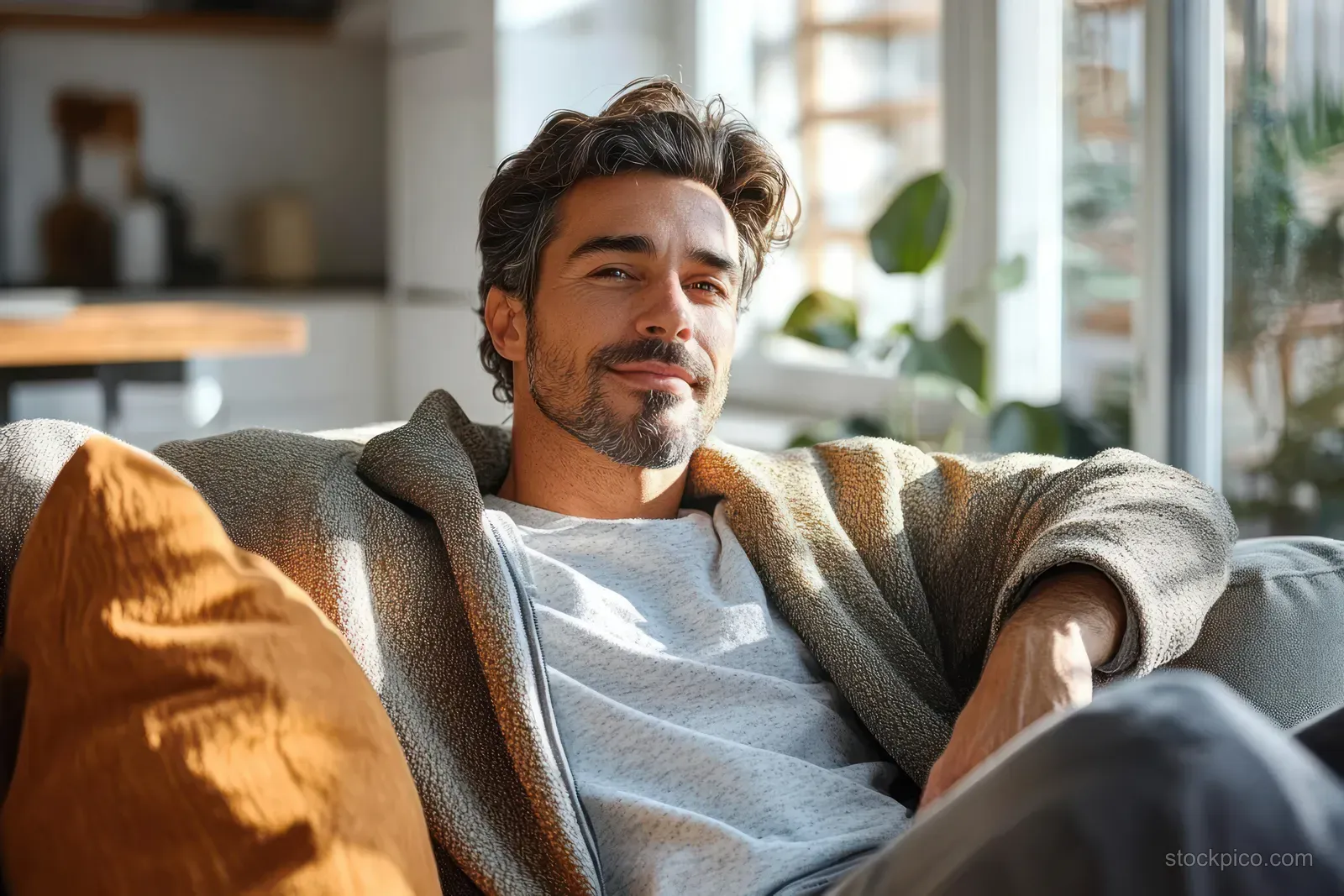 A smiling middle aged man relaxes on a modern couch in a bright living room near a window.