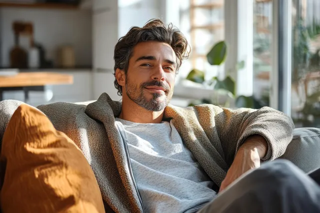 A smiling middle aged man relaxes on a modern couch in a bright living room near a window.