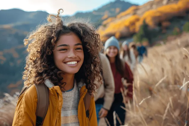 Curly-haired young woman hikes on an autumn mountain trail with friends
