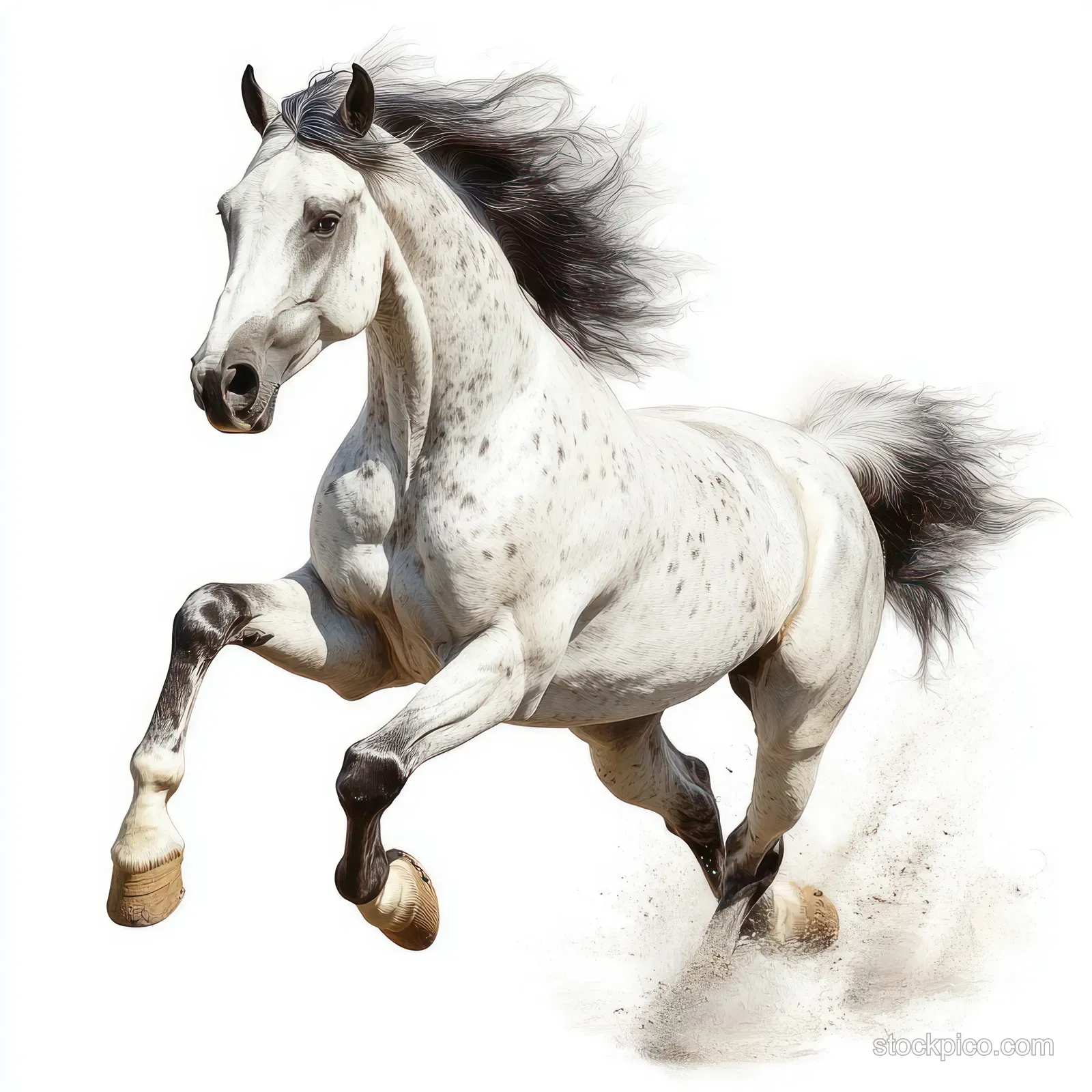A spotted white horse gallops on a white background with its mane and tail flying and dust rising.