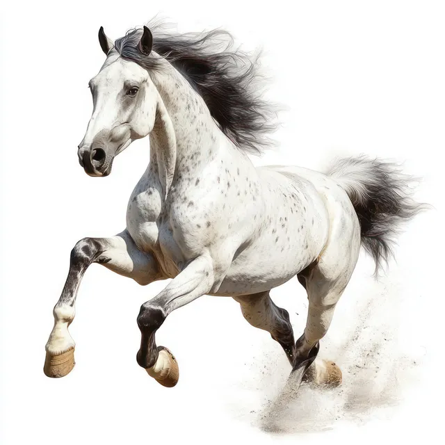 A spotted white horse gallops on a white background with its mane and tail flying and dust rising.