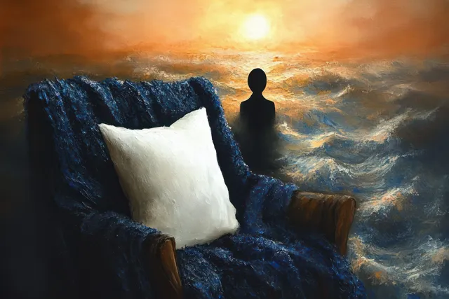 Silhouette stands in churning ocean waves at sunset beside an empty chair draped with a blue blanket and white pillow.