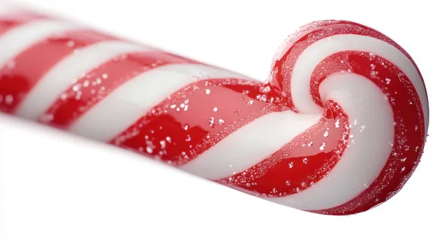 Red and white striped candy cane curled end covered in sparkling sugar crystals on a white background.